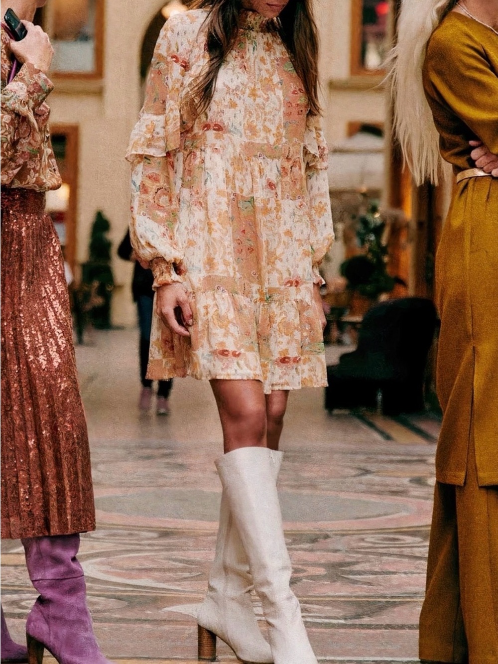 NWT Sezane Estel Dress in Patchwork Camel Fall Neutral Long Sleeve Sz 34 US 2